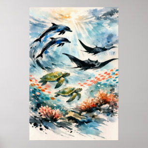 Poster Art aquarelle de la faune de l'océan tropical