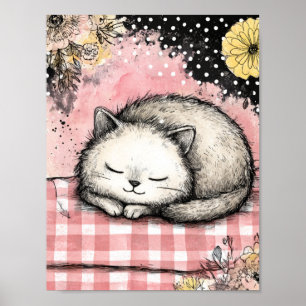 Poster Art aquarelle florale de chat fantaisiste