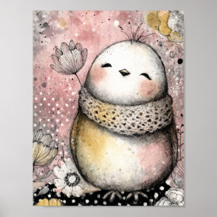 Poster Art aquarelle florale de chouette fantaisiste