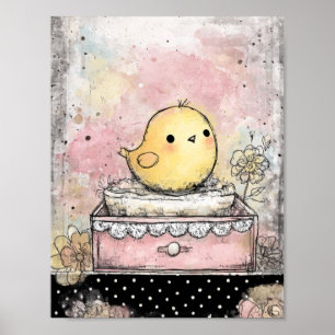 Poster Art aquarelle florale de poussin fantaisiste