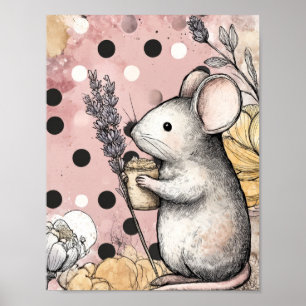 Poster Art aquarelle florale de souris fantaisiste