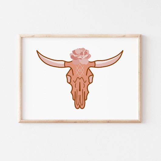Poster Art Boho Moderne de Crâne de Vache à Motif Floral