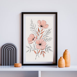 Poster Art botanique minimaliste en fleurs roses Imprimer