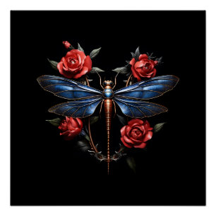 Poster Art captivant : libellule métallique aux roses rou