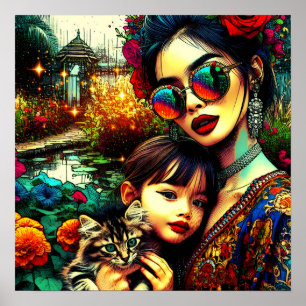 Poster Art coloré Maman et fille Jardin de fleurs asiatiq