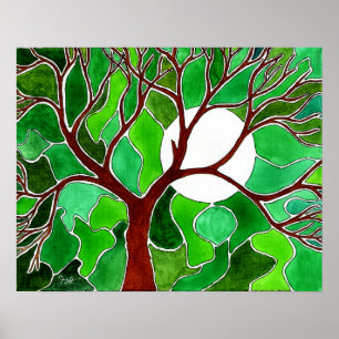 Poster Art d'arbre et de lune sur la toile - vert
