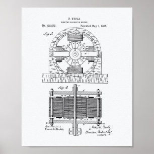 Poster Art de brevet de Nikola Tesla 1888 - livre blanc