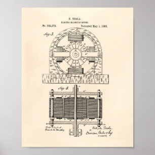 Poster Art de brevet de Nikola Tesla 1888 - vieux Peper