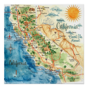 Poster Art de carte de voyage de Californie à l'aquarelle