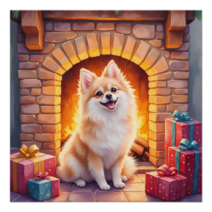 Poster Art de chien de Noël au coin du feu avec un Pomera