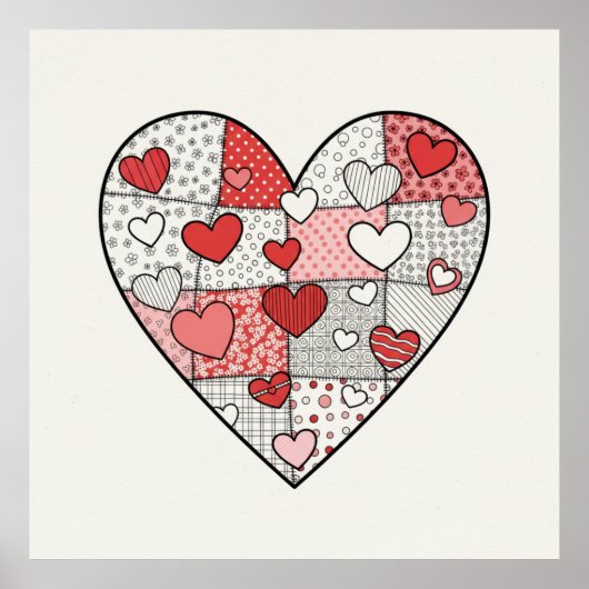 Poster Art de collage de cœur en patchwork rouge et rose  (Devant)
