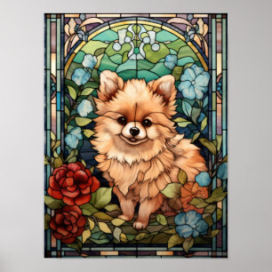 Poster Art de fenêtre florale en verre teinté de chiot Po