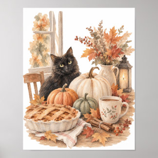 Poster Art de Halloween Citrouille Chat Noir Vintage