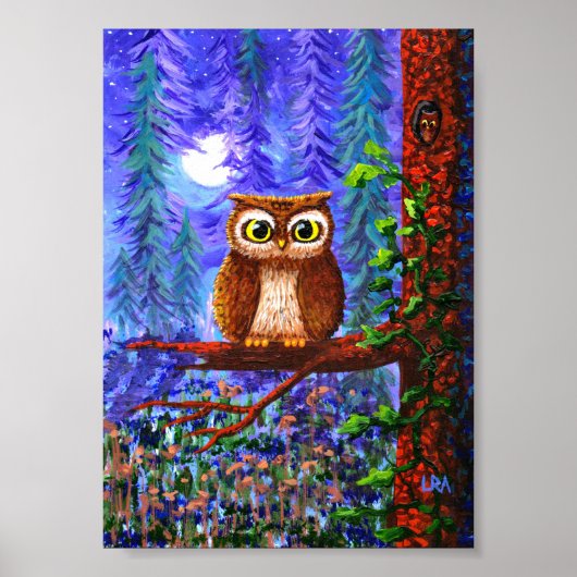 Poster Art de hibou fantaisiste Forêt Lune Creationarts (Devant)