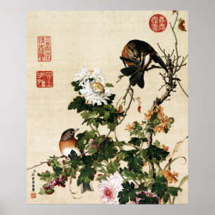 Poster Art de la Chinoiserie Vintage Chrysanthème & Oisea