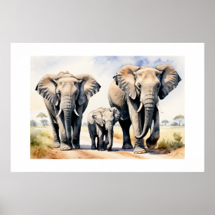 Poster Art de la faune à l'aquarelle sur la famille des é