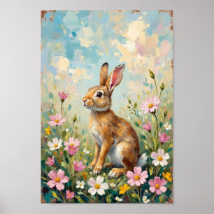 Poster Art de la fleur sauvage du lapin de Pâques vintage