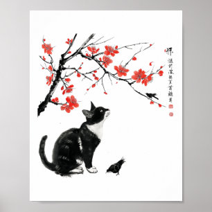 Poster Art de la nature japonaise_ Chat et oiseau avec fl