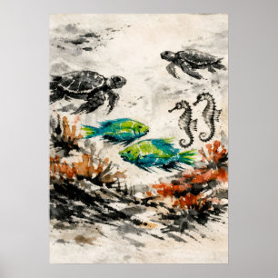 Poster Art de la vie marine en aquarelle sur le récif de