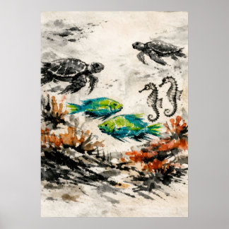Poster Art de la vie marine en aquarelle sur le récif de