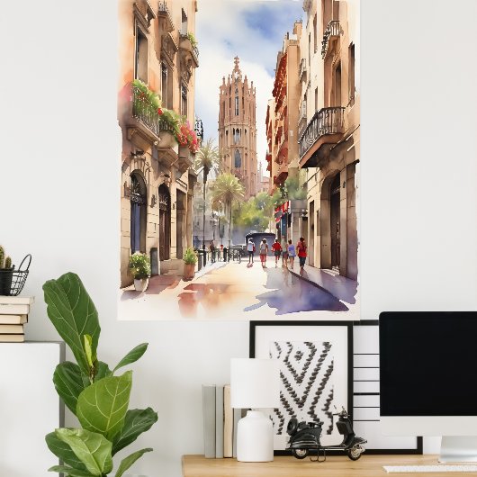 Poster Art de l'aquarelle de Barcelone (Bureau à domicile)