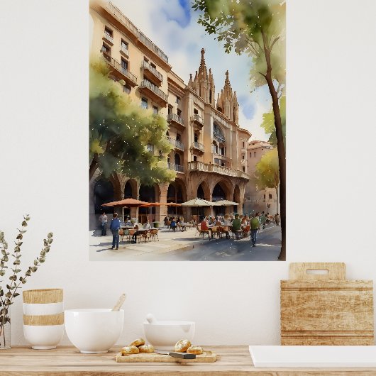 Poster Art de l'aquarelle de Barcelone (Cuisine)