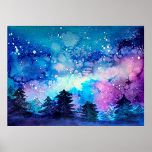 Poster Art de l'espace à l'aquarelle avec ciel nocturne e