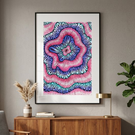 Poster Art de ligne ondulée abstrait psychédélique rose e