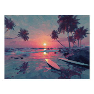 Poster Art de l'île au coucher de soleil rétro rêveur