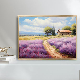 Poster Art de maison de campagne aux champs de lavande à 