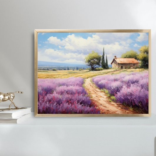 Poster Art de maison de campagne aux champs de lavande à