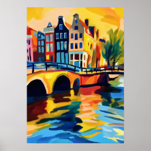 Poster Art de mur de canal d'Amsterdam fauve coloré