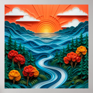 Poster Art de papier vif représentant un coucher de solei