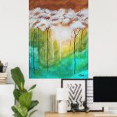 Poster Art de paysage abstrait, arbres minces, sarcelle, (Bureau à domicile)