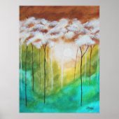Poster Art de paysage abstrait, arbres minces, sarcelle, (Devant)