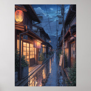Poster Art de rue japonais sous la pluie brumeuse