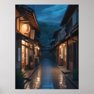 Poster Art de rue japonais sous la pluie brumeuse