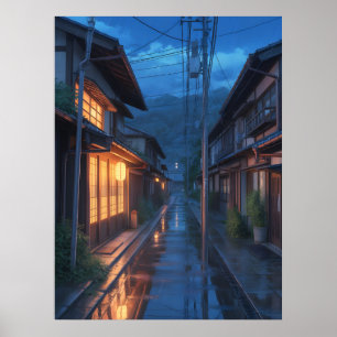 Poster Art de rue japonais sous la pluie brumeuse