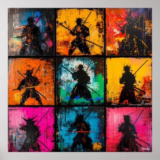 Poster Art de silhouette de samouraï en grille gras style (Devant)