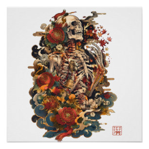 Poster Art de squelette japonais Crâne floral gothique