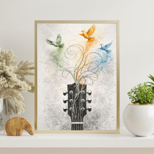 Poster art de tête de guitare illustration d'oiseaux vo