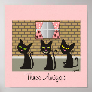 Poster Art de toile de chat noir "trois amis "