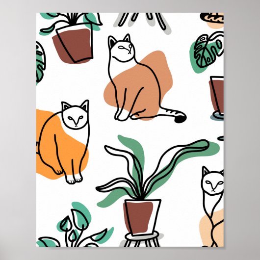 Poster Art de trait dessin chats et fleurs (Devant)