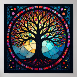Poster Art de verre coloré, Arbre de Vie en verre coloré