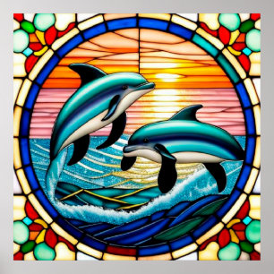 Poster Art de verre coloré avec des dauphins bondissant a