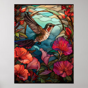 Poster Art de verre teinté de colibri et de fleurs