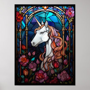 Poster Art de vitrail de licorne avec des roses magiques