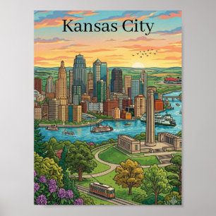 Poster Art de voyage de la skyline de Kansas City vintage