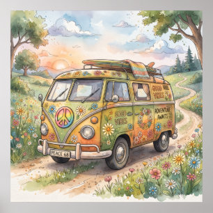 Poster Art de voyage en fourgonnette aquarelle vintage