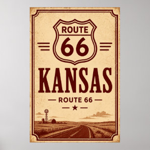 Poster Art de voyage sur la Route 66 vintage dans la prai